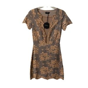 STORIA Lace Overlay V Neck Short Sleeve Sheath‎ Dress Taupe Peach Size Small